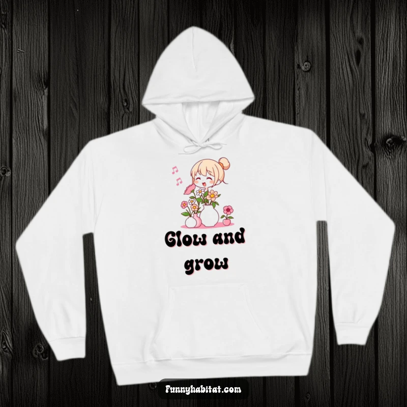 Funny hoodie featuring a character in a cozy setting, humming contentedly while arranging a beautiful vase of flowers.