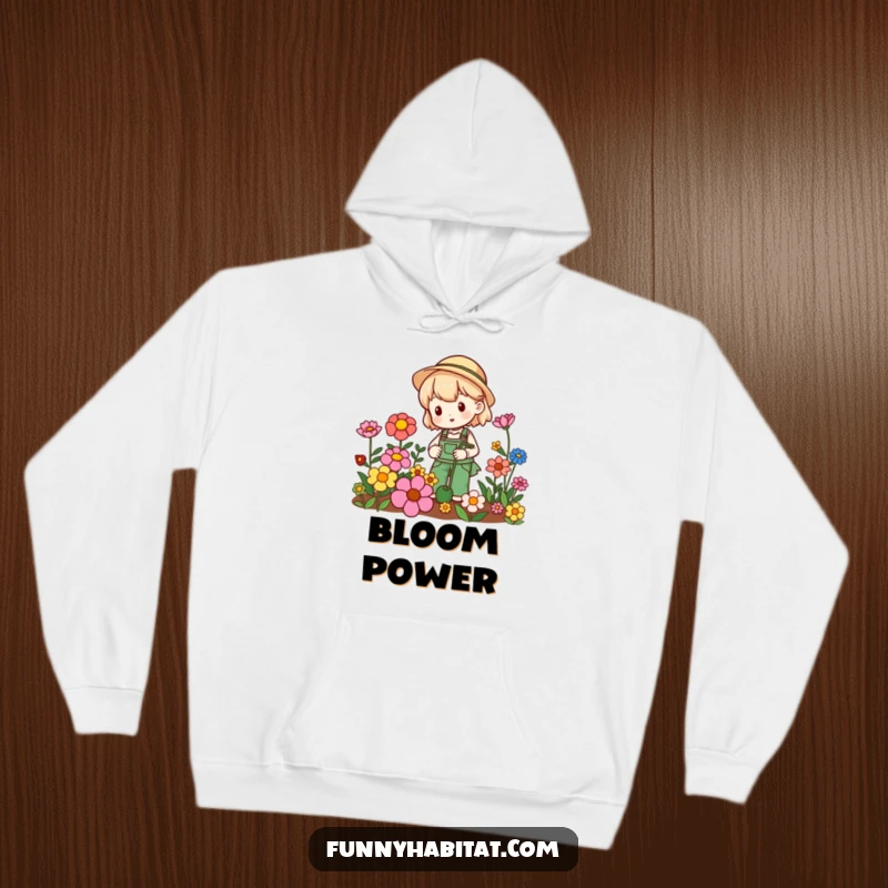 Funny gardening hoodie showing a content character tending to an abundance of colorful, blooming flowers with a smile.