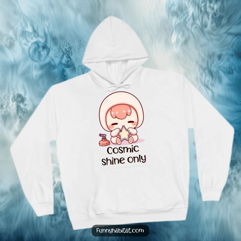 Funny Kawaii Hoodie, a diligent character carefully polishes a small star, comfortable and humorous apparel.