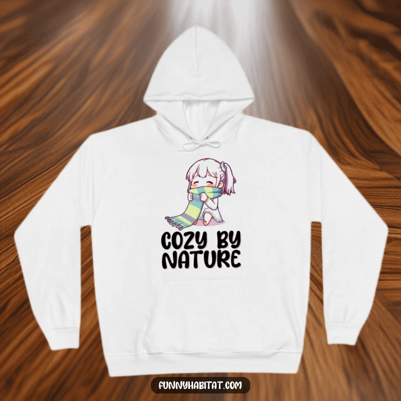Funny hoodie showing a character comfortably knitting a long, colorful scarf with a peaceful and satisfied look.