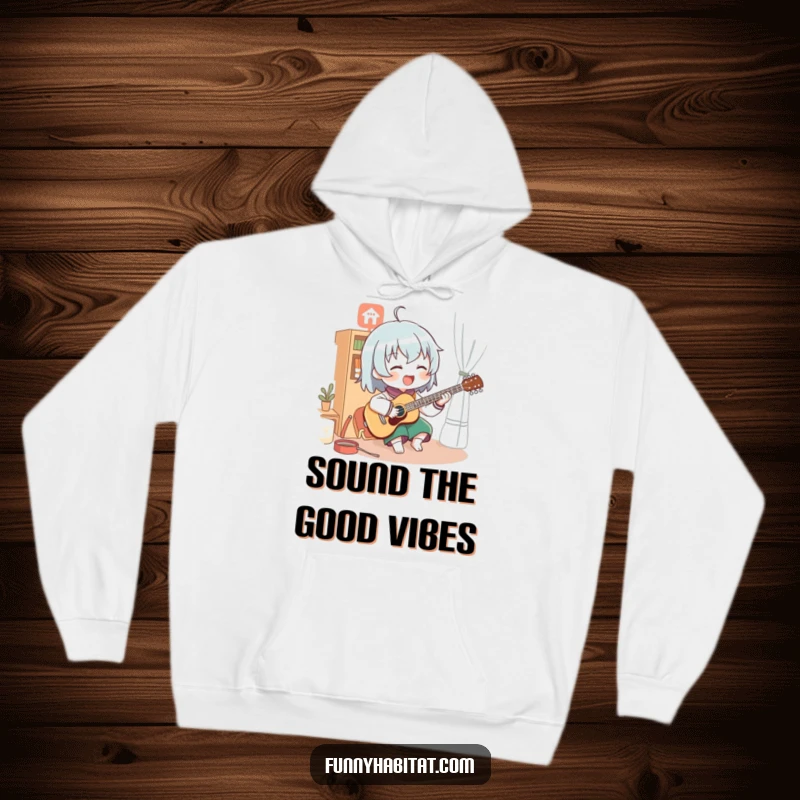 Funny hoodie featuring a character enthusiastically playing a musical instrument within the warm, inviting atmosphere of a cozy room.