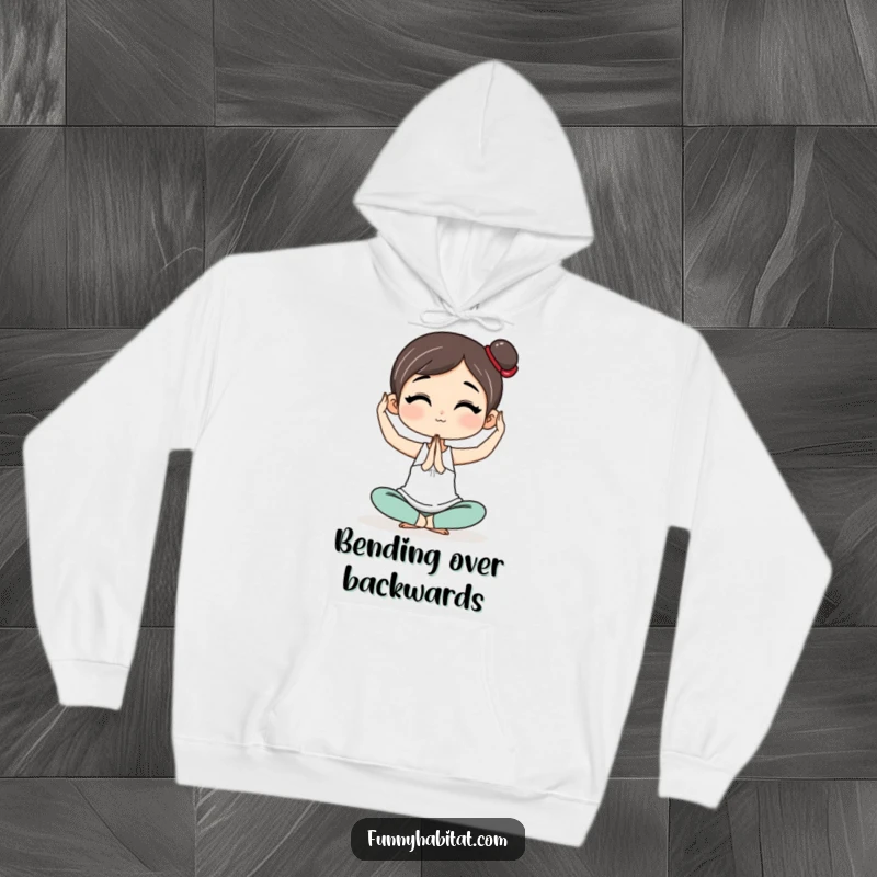 Funny Hoodie depicting a character in a peaceful yoga pose, designed for ultimate comfort and a touch of lightheartedness.