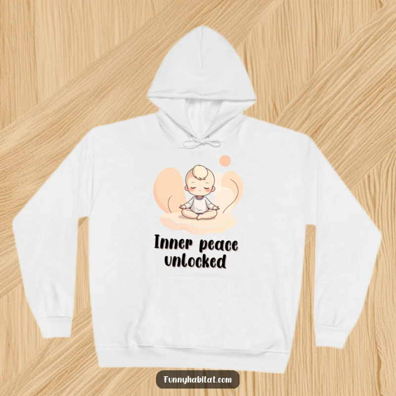 Funny hoodie depicting a character meditating calmly amidst abstract shapes, offering cozy comfort and a touch of gentle humor.