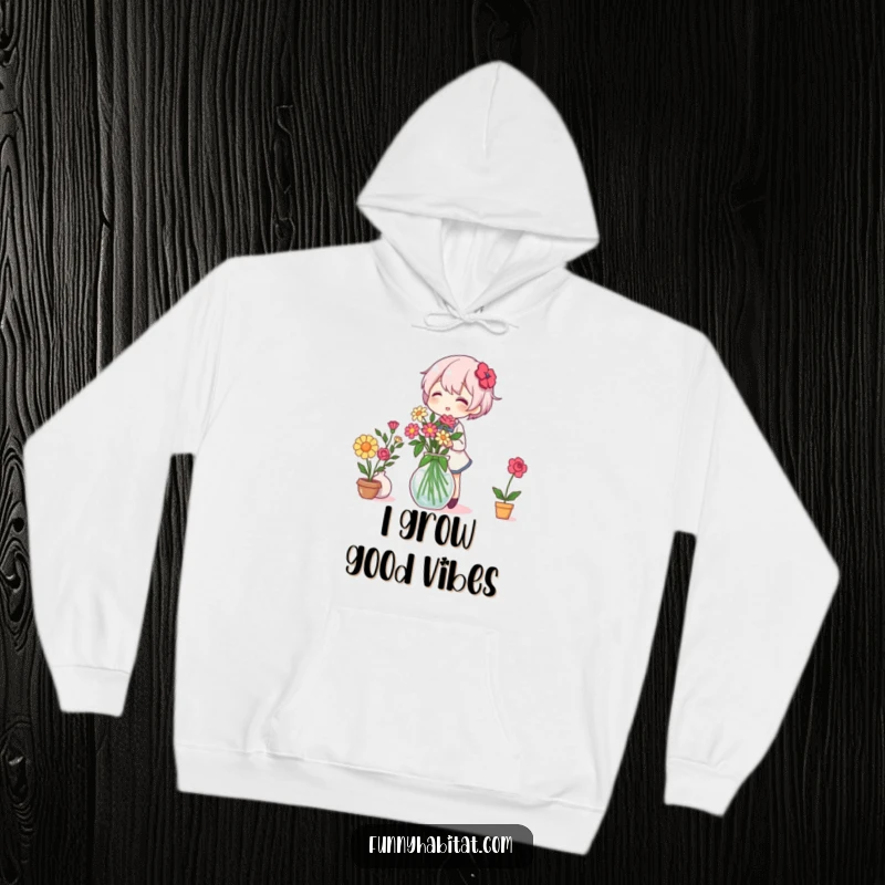 Funny Hoodie: A character happily arranges a bouquet of flowers in a vase, radiating warmth and cheerful vibes.