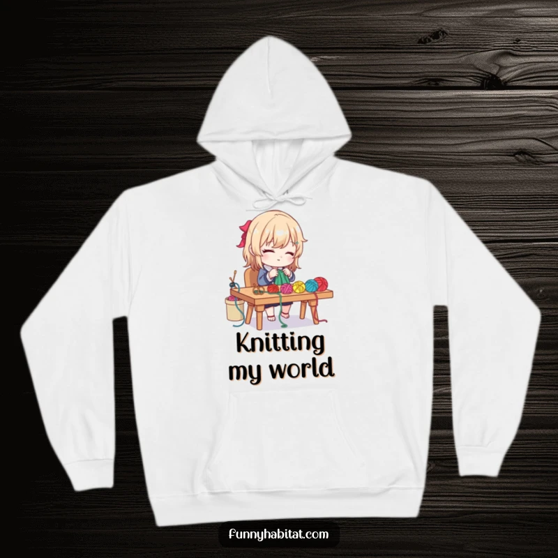 Funny hoodie depicting a diligent character crafting with colorful yarn and needles at a desk, cozy and creative.