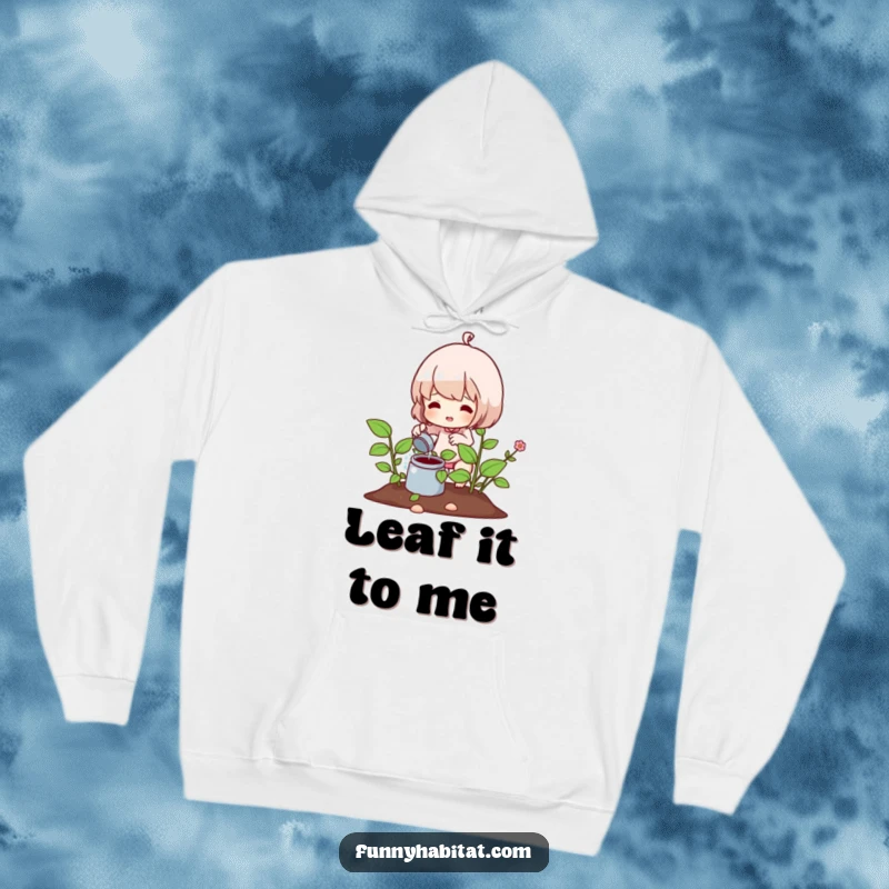Funny hoodie showing a character joyfully watering a healthy plant, combining warmth with a love for nature and humor.