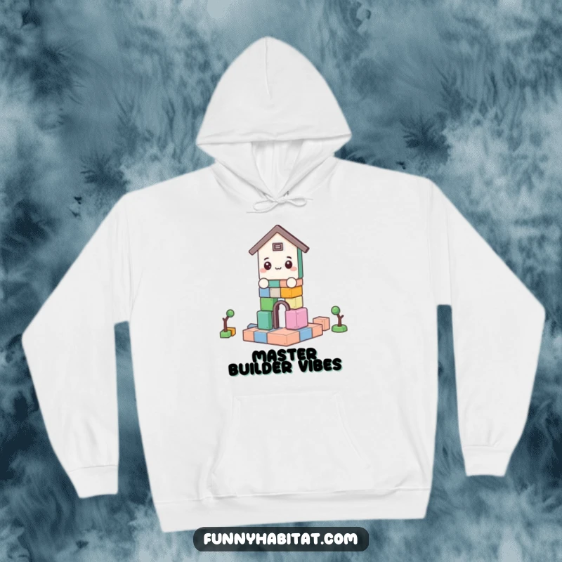 Funny hoodie with a character focused on building with blocks, conveying a sense of cozy concentration and lightheartedness.