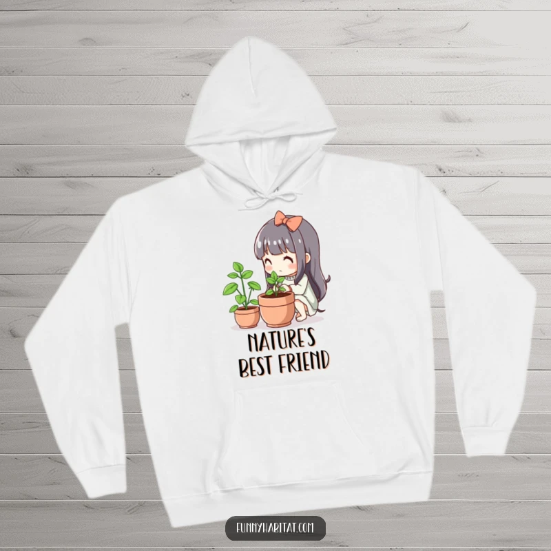 Funny Kawaii Hoodie, a cute character tends a small flourishing plant in a pot, cozy and humorous apparel.