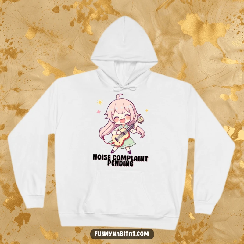 Funny hoodie with a character enthusiastically playing a musical instrument, radiating pure musical bliss and energetic vibes.