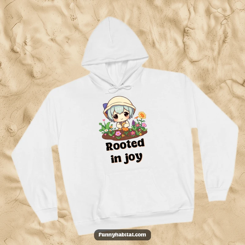 Funny hoodie featuring a happy character tending a lush miniature garden, combining warmth with gardening cheer and humor.