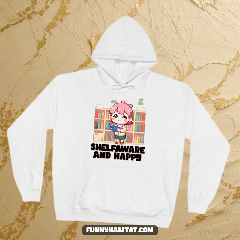 Funny hoodie featuring a character organizing tiny bookshelves with extreme satisfaction and a content smile.
