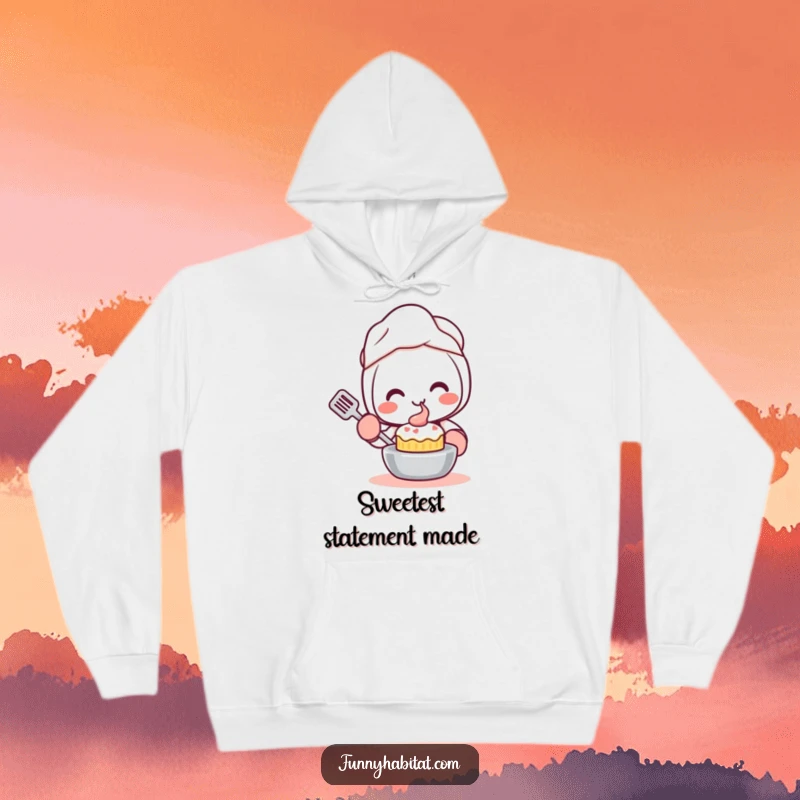 Funny Kawaii Hoodie, a happy character with oven mitts smiles while baking a small cake, warm and cute apparel.