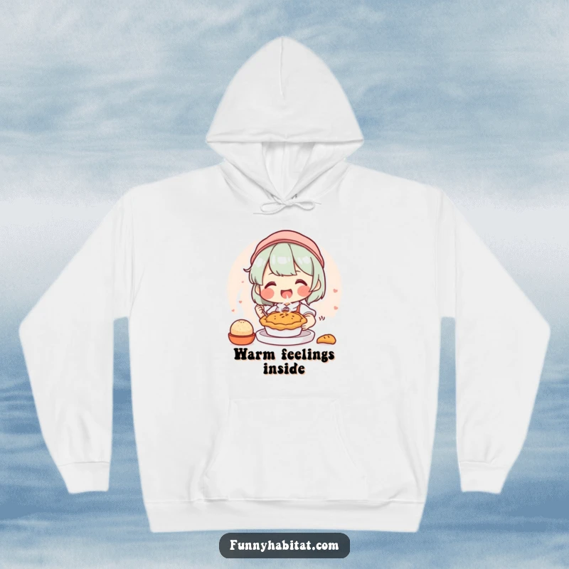 Funny hoodie featuring a joyful character happily baking a small, steaming pie, perfect for bakers and comfort lovers.
