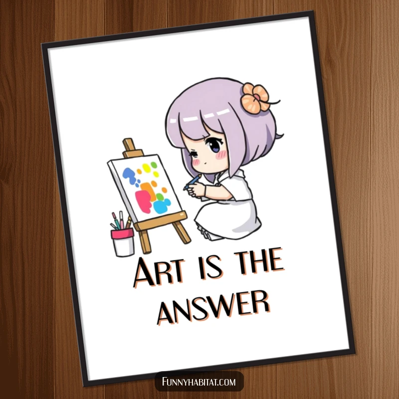 Funny Free Printable Wall Art: A character concentrating deeply while painting a colorful and abstract piece on an easel.