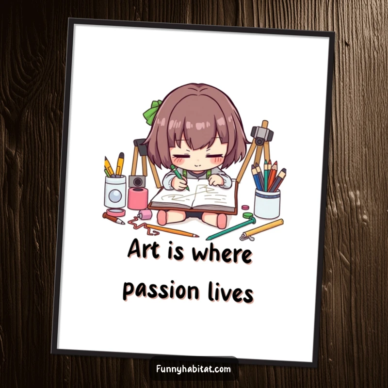 Funny Free Printable Wall Art of an artist character deeply engrossed in sketching amidst art supplies, bringing humor to your decor.