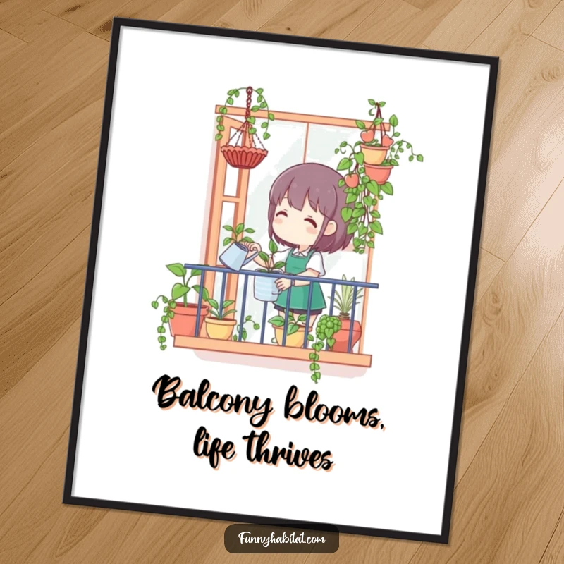 Funny Free Printable Wall Art: A character happily watering a variety of hanging plants from a balcony, downloadable decor.