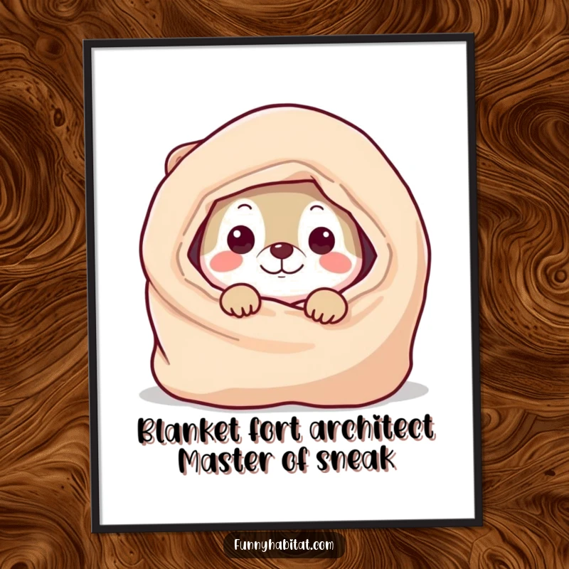 Funny free printable wall art of a playful animal character peeking from behind a cozy blanket, adding a touch of whimsical humor.