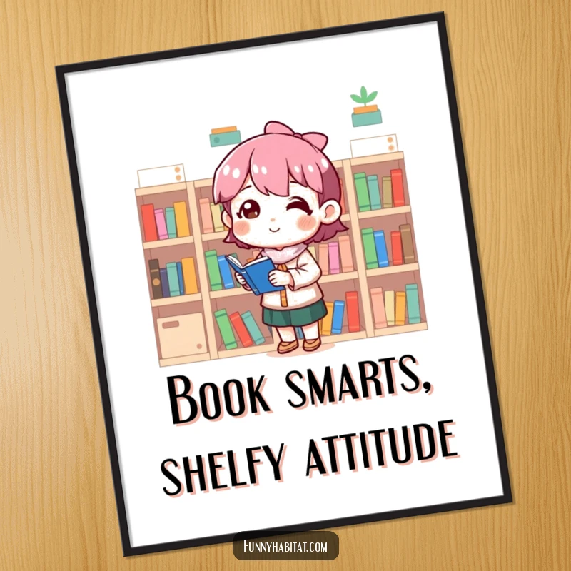 Funny Free Printable Wall Art: Character meticulously organizing tiny bookshelves with a smile of satisfaction.