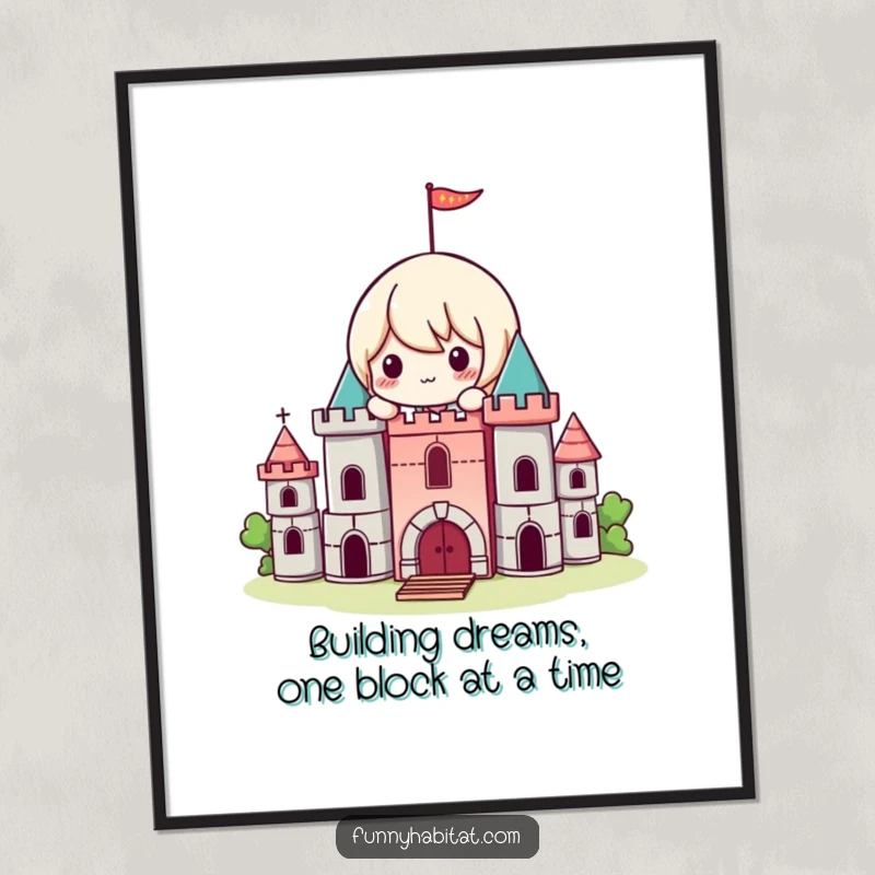 Funny Free Printable Wall Art depicting a Kawaii character joyfully stacking building blocks to construct a miniature, enchanting castle.