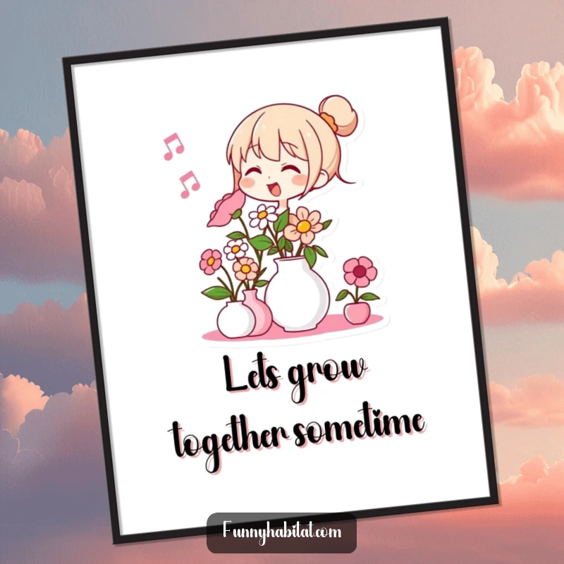 Funny free printable wall art of a character humming contentedly while arranging beautiful flowers in a vase.