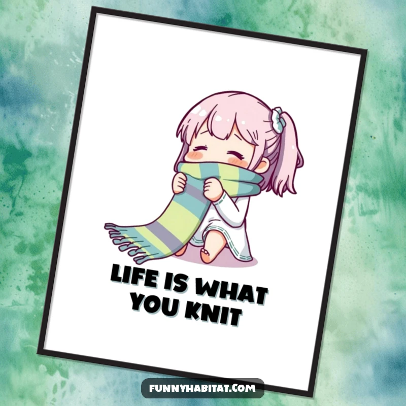 Funny free printable wall art of a character blissfully knitting a long, vibrant, colorful scarf.
