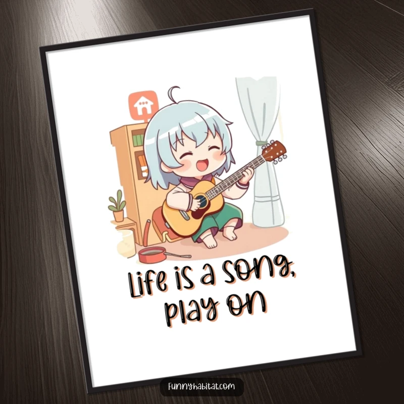 Funny free printable wall art of a character energetically playing a musical instrument in a cozy, inviting room.