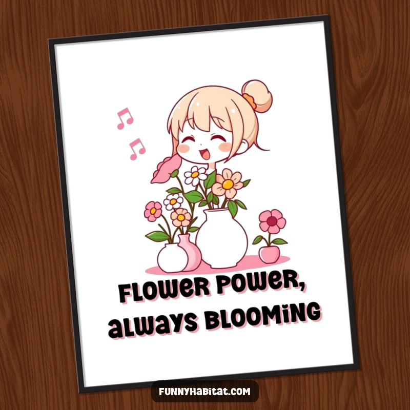 Funny Free Printable Wall Art: Character humming joyfully while arranging a vase of colorful flowers.