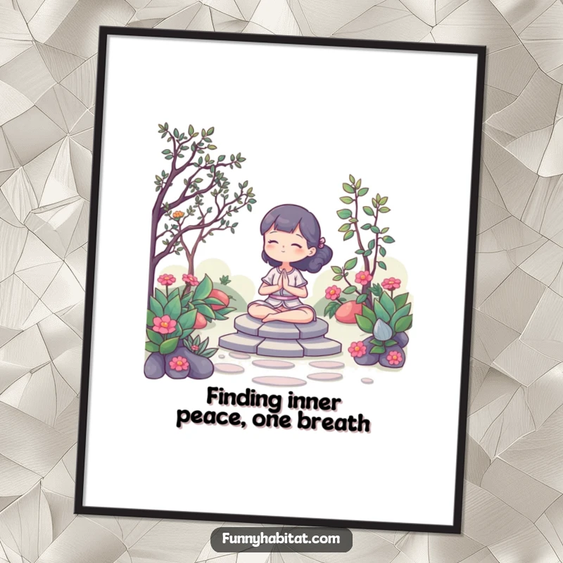 Funny Free Printable Wall Art: A character meditates peacefully in a lush, serene garden, evoking tranquility.