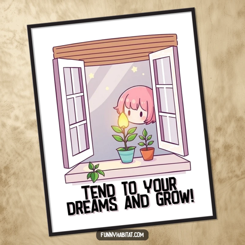Free Printable Wall Art: A character caring for a tiny, luminous plant in a window, creating a peaceful scene.