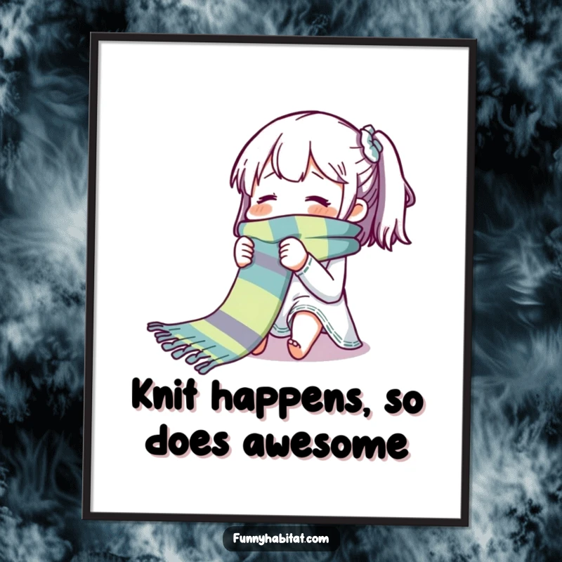 Funny Free Printable Wall Art: Character knitting a very long, colorful scarf with a look of pure bliss.