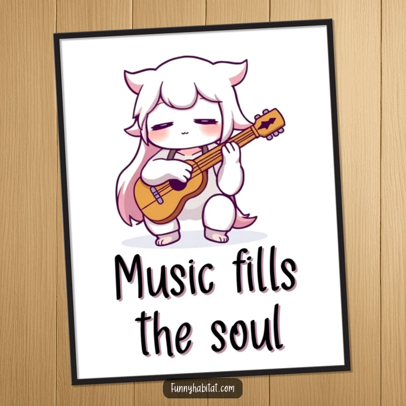 Funny Free Printable Wall Art of a musician character playing an instrument with eyes closed, capturing the serene concentration of music.