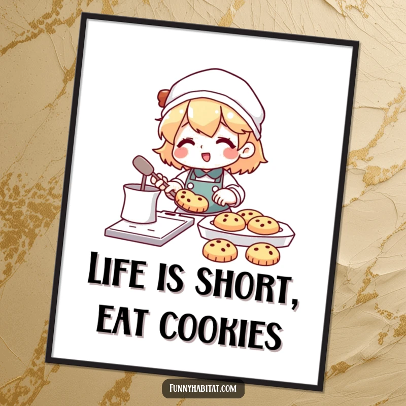 Funny Free Printable Wall Art: Character happily baking cookies with a full tray of delicious treats nearby.