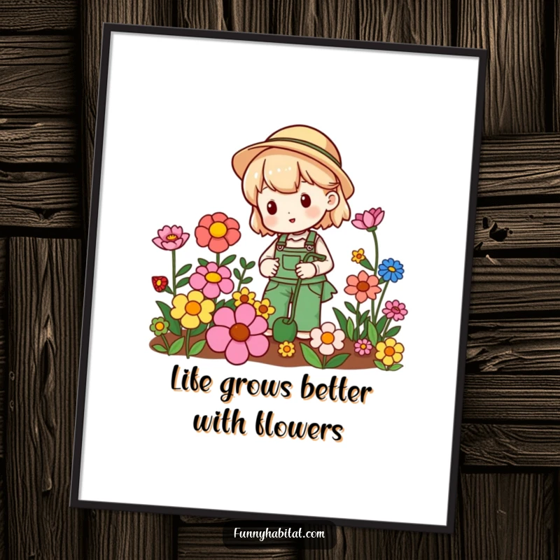 Funny Free Printable Wall Art: A joyful gardener with a watering can tends to a row of vibrant, colorful flowers.