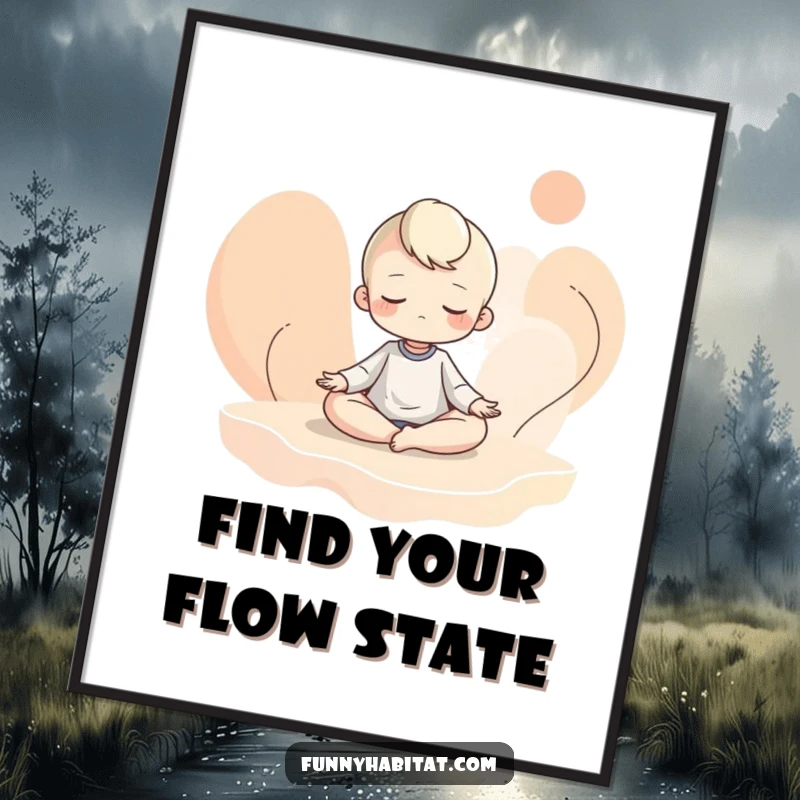 Funny Free Printable Wall Art: A character meditating deeply surrounded by softly colored, flowing abstract shapes, downloadable decor.