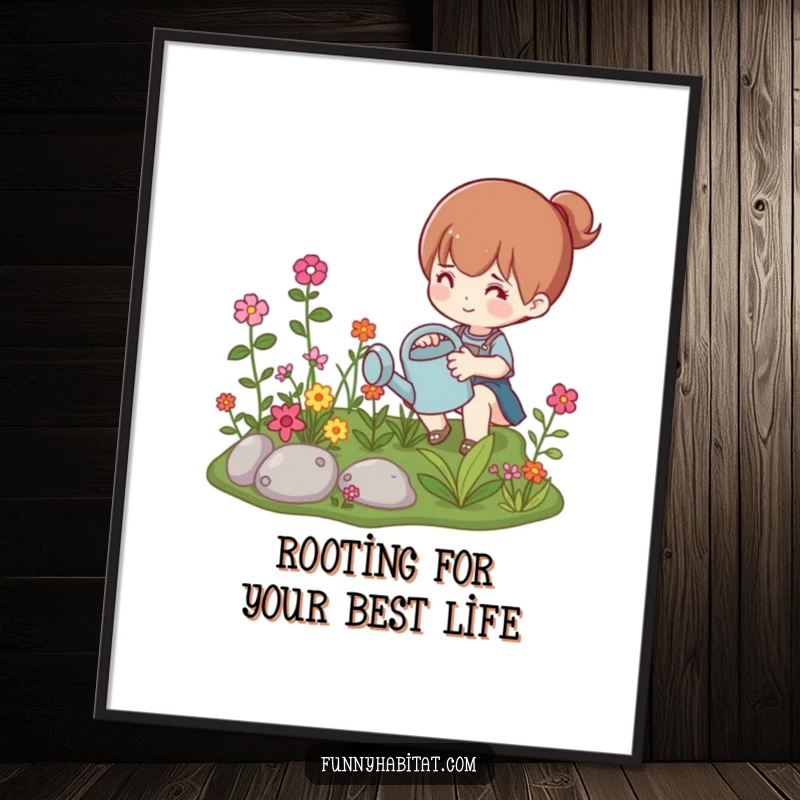 Funny Free Printable Wall Art: A delightful character watering a tiny, lush garden, radiating happiness and vibrant life.