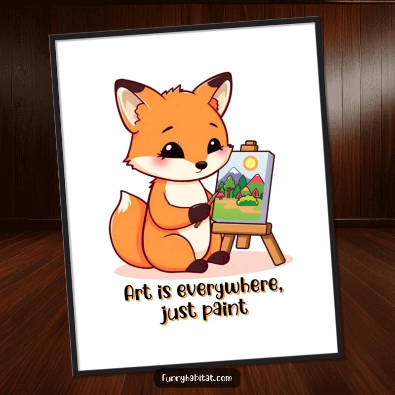 Funny Free Printable Wall Art: A focused fox character diligently paints a vibrant, colorful landscape on a tiny canvas, inspiring creativity.
