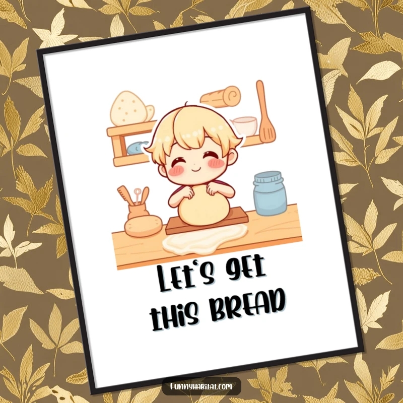 Funny free printable wall art of a character happily kneading dough on a wooden counter, bringing baking humor to decor.