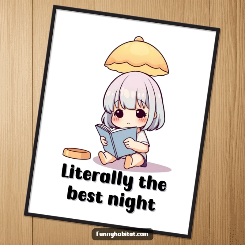 Funny free printable wall art of a character absorbed in a book under a soft illustrated lamp, creating a cozy vibe.