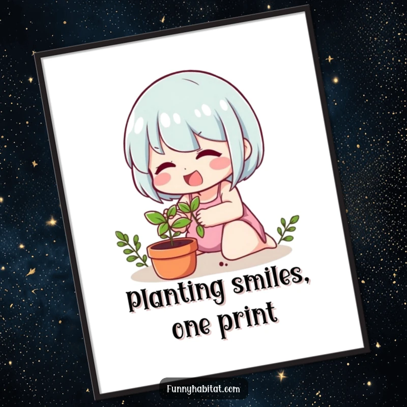 Funny Free Printable Wall Art: Cheerful character lovingly tending to a small, green potted plant.
