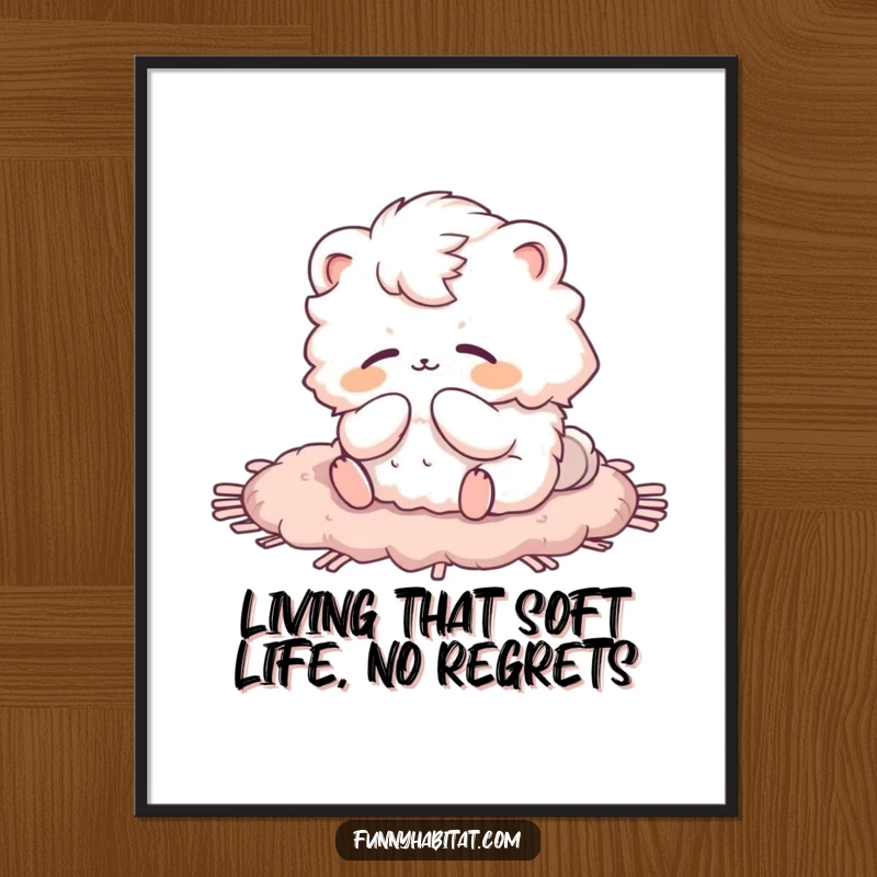 Funny Free Printable Wall Art: Fluffy animal character blissfully grooming itself on a soft rug, radiating peace and relaxation.