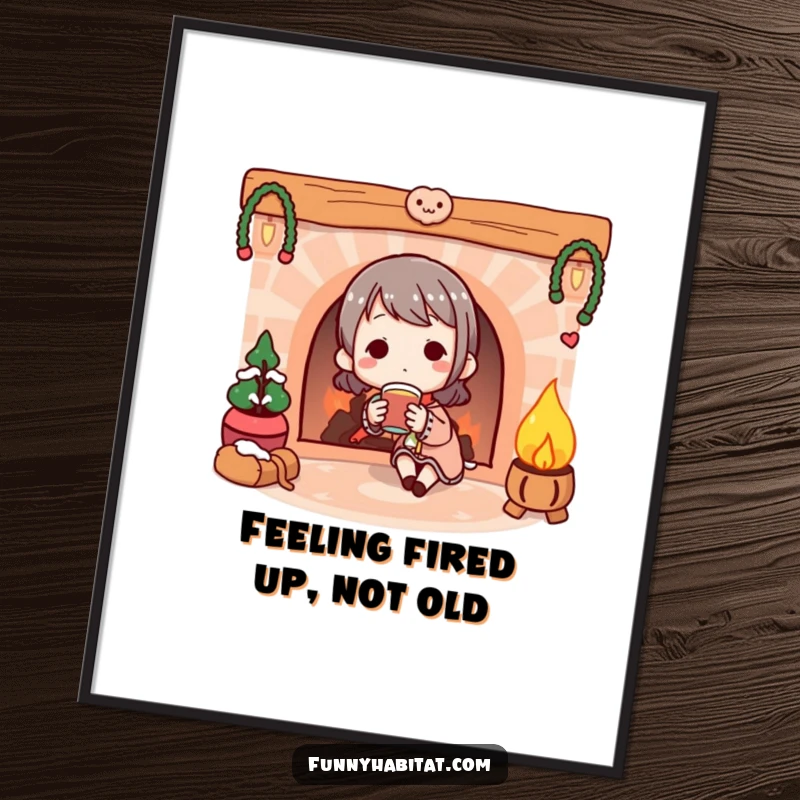 Funny free printable wall art depicting a character enjoying a warm beverage by a cozy illustrated fireplace, creating a relaxing ambiance.