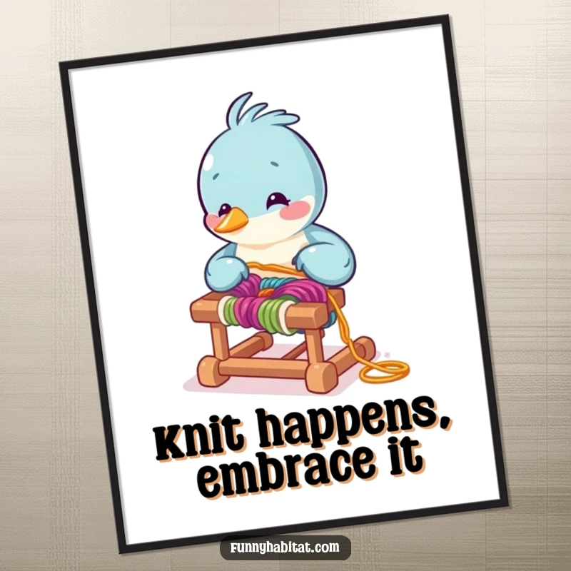 Funny Free Printable Wall Art: A focused bird character skillfully arranges colorful yarn on a tiny loom, creating intricate patterns.