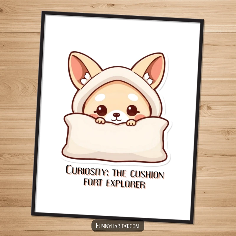 Funny Free Printable Wall Art: Curious animal character peeking out from behind a comfortable cushion, inviting interaction.