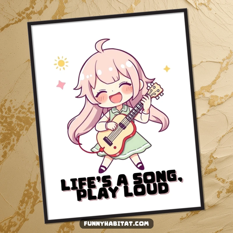 Funny Free Printable Wall Art: A character passionately strums a ukulele, radiating pure musical joy and a quirky vibe.