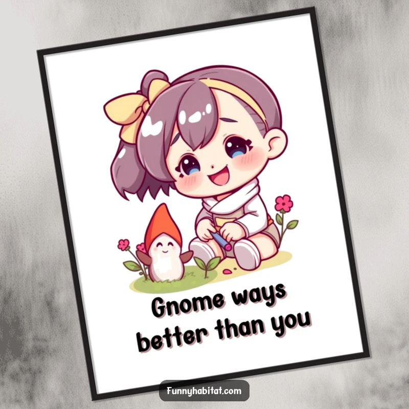 Funny Free Printable Wall Art: Character happily tends a small garden gnome, a charming and downloadable art piece.