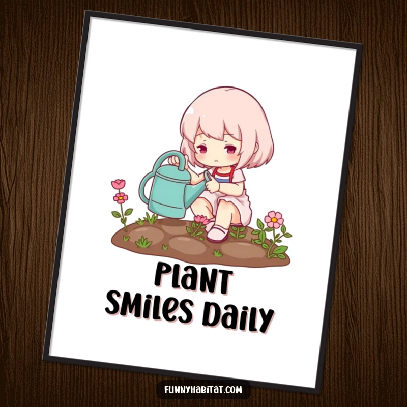 Funny Free Printable Wall Art: A cute character watering a miniature garden with a tiny watering can.