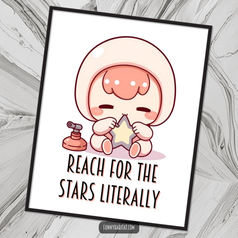 Funny Free Printable Wall Art of a Kawaii character diligently polishing a small, perfectly shiny star-shaped object with intense focus.