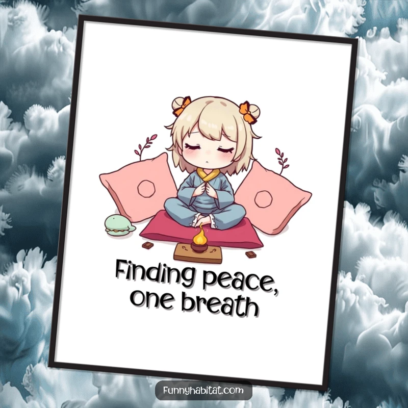 Funny Free Printable Wall Art: Character meditating peacefully amidst soft cushions and gentle incense, calming decor.