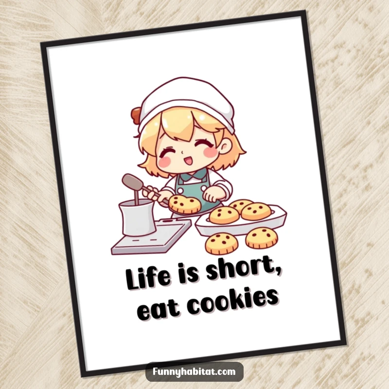 Funny free printable wall art of a character happily baking cookies with a tray full of delicious treats nearby.