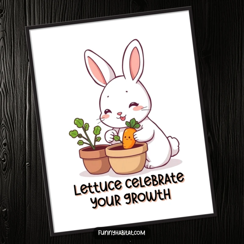 Funny Free Printable Wall Art: A happy rabbit carefully tends a miniature smiling carrot plant, radiating warmth and gentle humor.